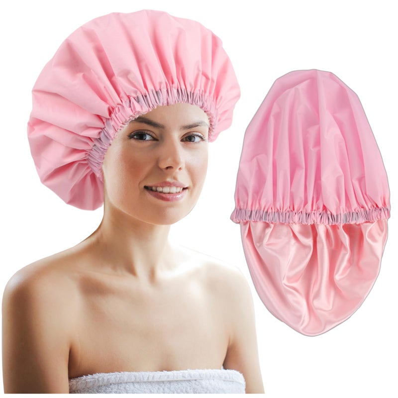 Himoswis Shower Cap for Women,Shower Cap for Long Hair,Hair Cap for Shower,Large Satin Lined Shower Caps for Women Reusable Waterproof,Shower Cap for Braids,Double Layer,Pink - Image 1